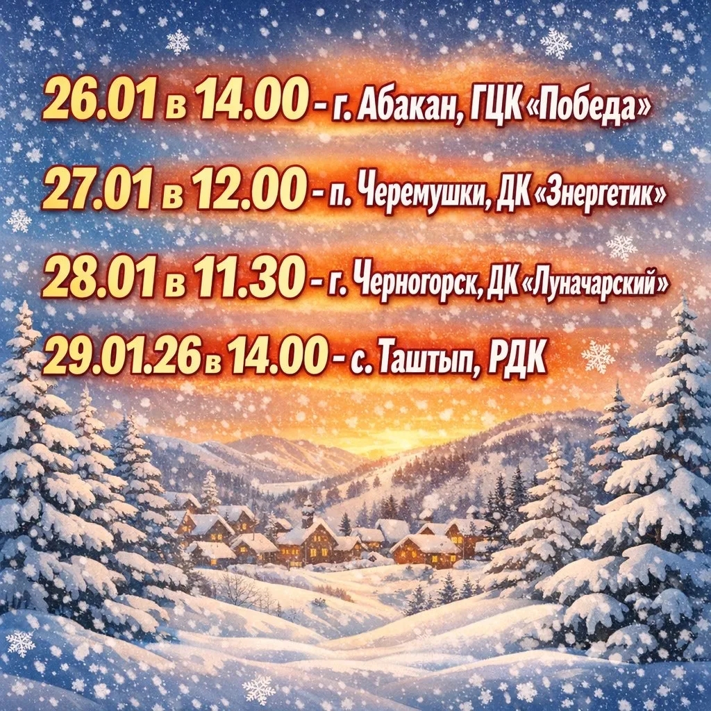 Алтайский РДК едет в Хакасию! Не пропустите новогоднюю сказку! Друзья, у нас потрясающие новости! Новогоднее представление, которое уже покорило сердца более двух тысяч зрителей в Алтайском районе, отправляется в гастрольный тур по Хакасии! 🎉