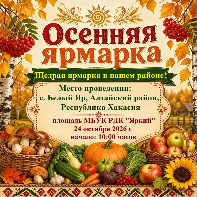 Друзья, освобождайте утро 24 октября! Ровно в 10:00 на площади перед Районным ДК откроются двери нашей традиционной осенней ярмарки. До 14:00 вас ждет море позитива, вкусных покупок и по-настоящему уютная атмосфера.